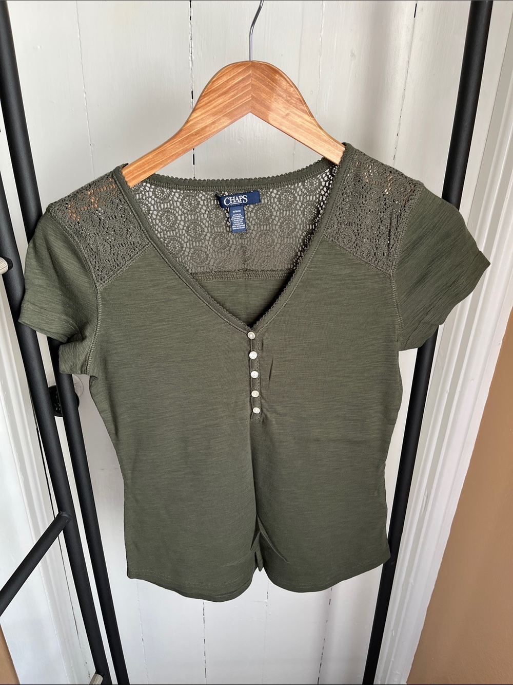 Chaps Olive Lace-Shoulder V-Neck Tee